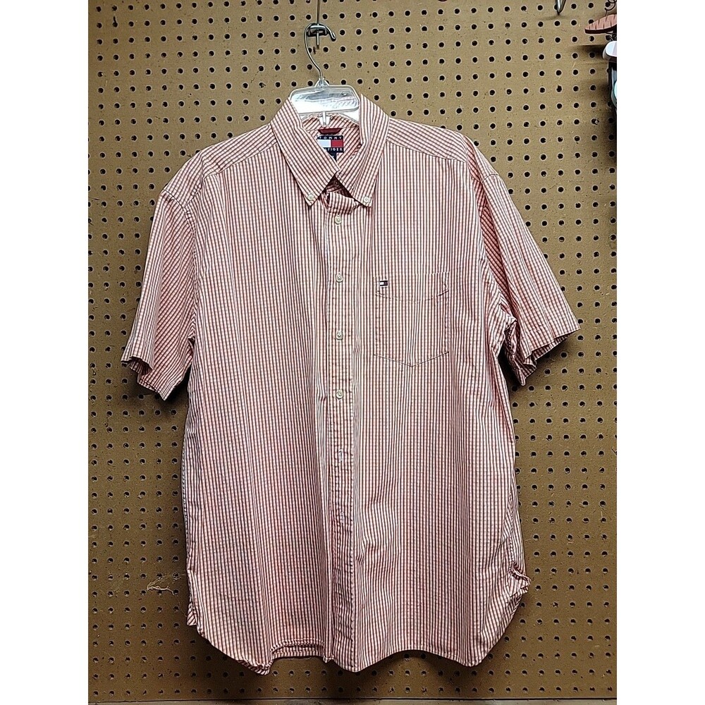 Tommy Hilfiger Men Button Down Short Sleeve Shirt XLarge Orange Plaid Pocket